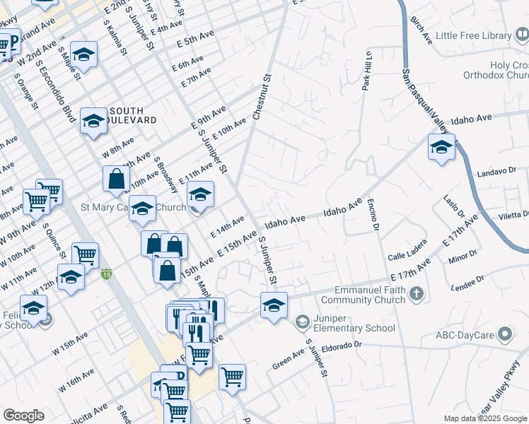 map of restaurants, bars, coffee shops, grocery stores, and more near 352 Idaho Avenue in Escondido