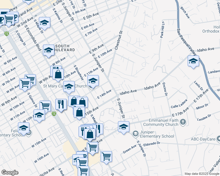 map of restaurants, bars, coffee shops, grocery stores, and more near 1419 South Juniper Street in Escondido