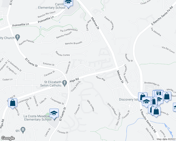 map of restaurants, bars, coffee shops, grocery stores, and more near 6584 Corte La Paz in Carlsbad