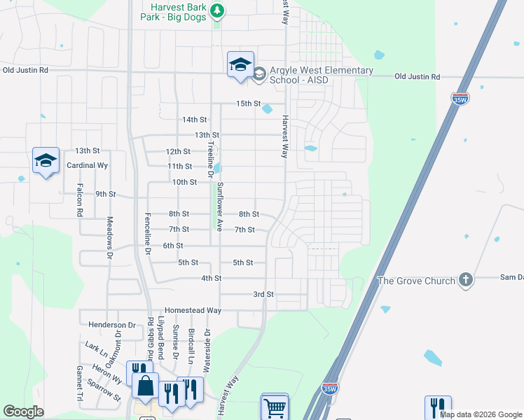 map of restaurants, bars, coffee shops, grocery stores, and more near 1109 8th Street in Argyle