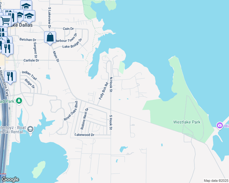 map of restaurants, bars, coffee shops, grocery stores, and more near 120 North Hook Street in Lake Dallas