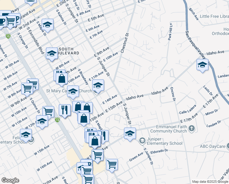 map of restaurants, bars, coffee shops, grocery stores, and more near 1309 South Juniper Street in Escondido