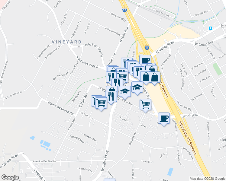 map of restaurants, bars, coffee shops, grocery stores, and more near 1356 West Valley Parkway in Escondido