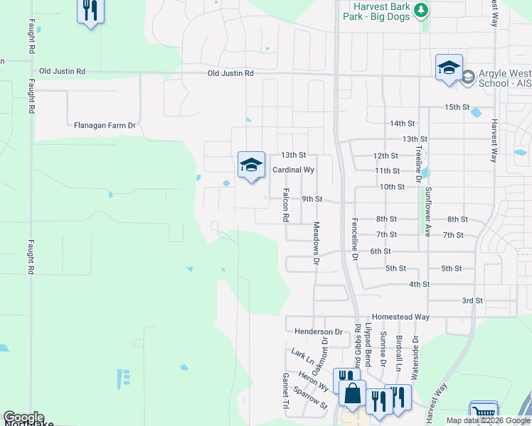 map of restaurants, bars, coffee shops, grocery stores, and more near 1900 Quail Lane in Northlake