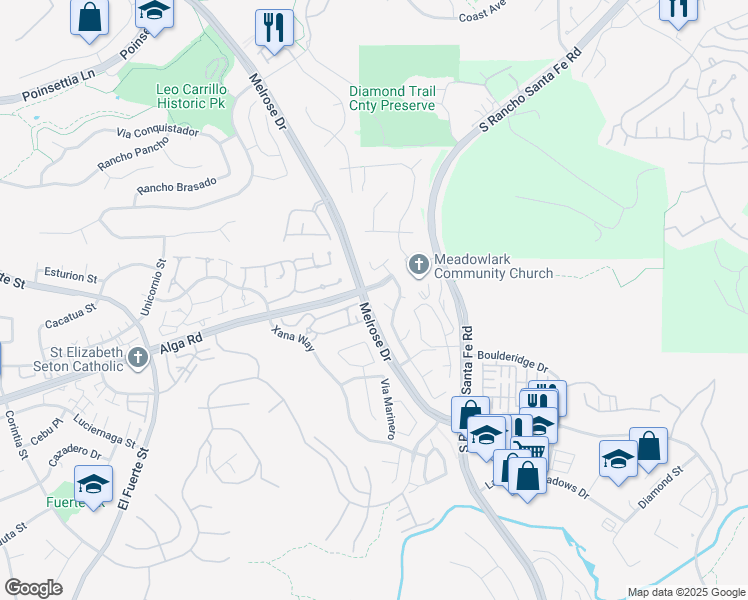 map of restaurants, bars, coffee shops, grocery stores, and more near 6616 Corte Real in Carlsbad