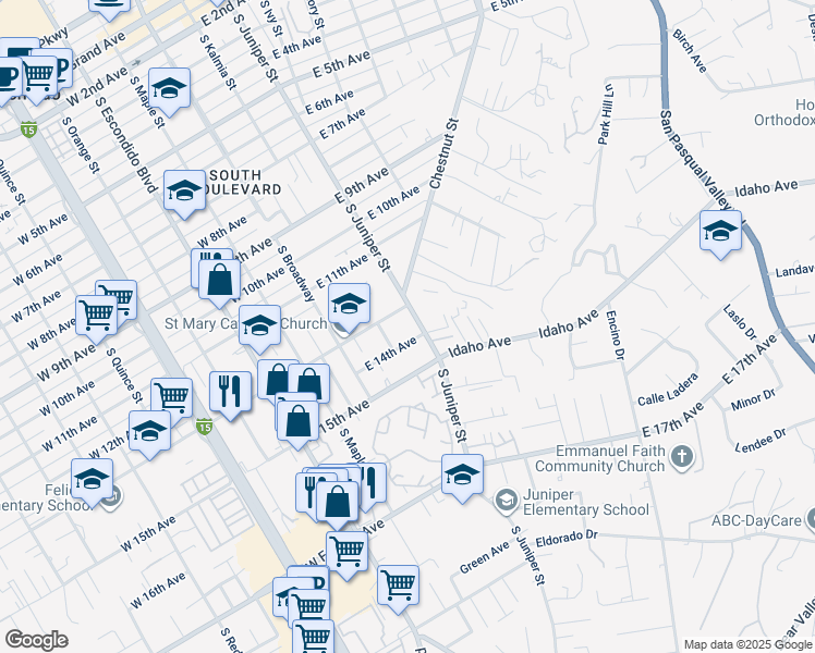 map of restaurants, bars, coffee shops, grocery stores, and more near 1309 South Juniper Street in Escondido