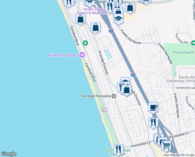 map of restaurants, bars, coffee shops, grocery stores, and more near 6461 Surfside Lane in Carlsbad