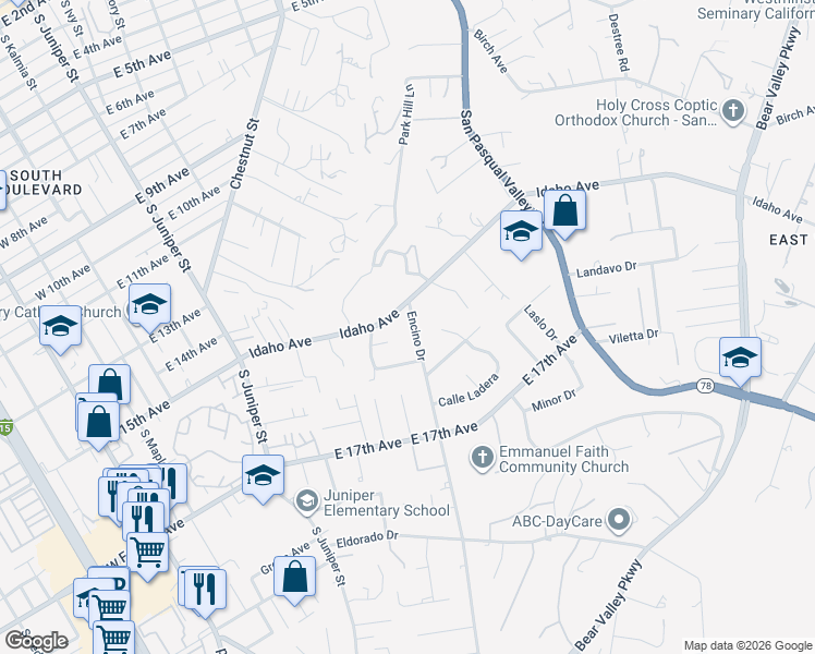 map of restaurants, bars, coffee shops, grocery stores, and more near 1541 Encino Drive in Escondido