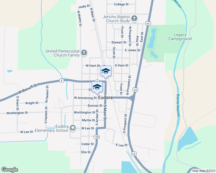 map of restaurants, bars, coffee shops, grocery stores, and more near 133 North Main Street in Eudora