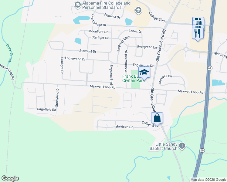 map of restaurants, bars, coffee shops, grocery stores, and more near 2301 Maxwell Loop Road in Tuscaloosa