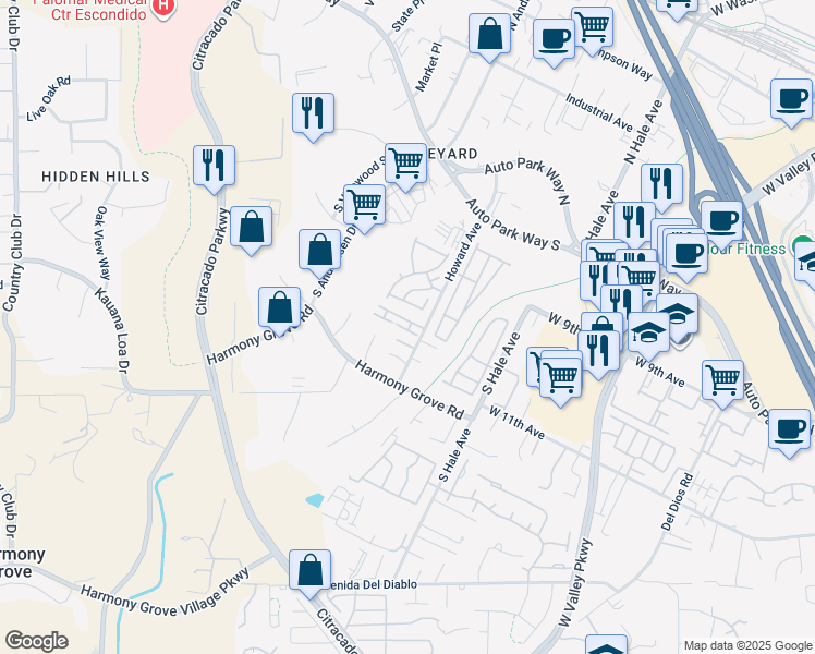 map of restaurants, bars, coffee shops, grocery stores, and more near 1030 Princess Kyra Place in Escondido