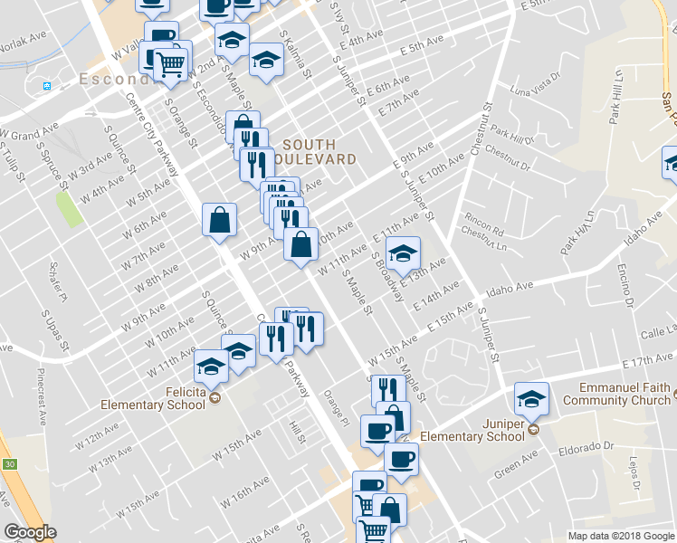 map of restaurants, bars, coffee shops, grocery stores, and more near 205 West 11th Avenue in Escondido