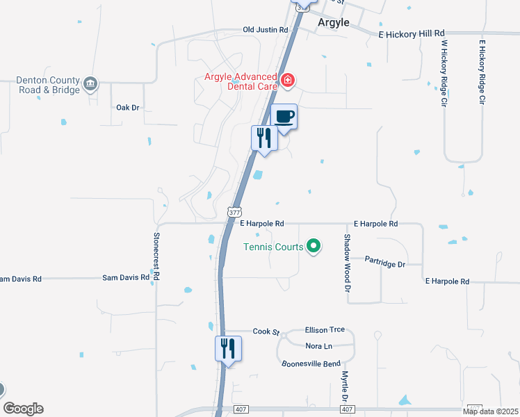 map of restaurants, bars, coffee shops, grocery stores, and more near 203 Harpole Road East in Argyle