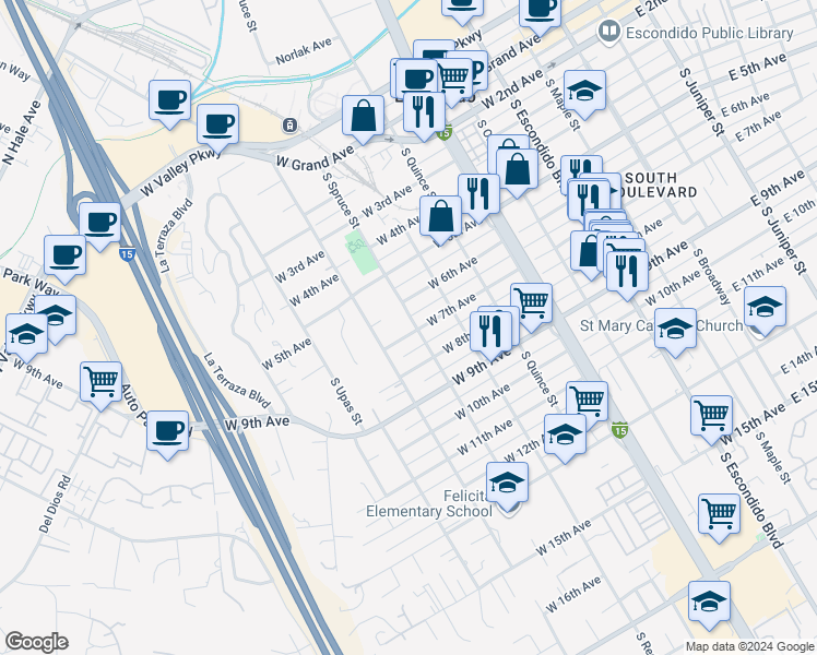 map of restaurants, bars, coffee shops, grocery stores, and more near 804 West 7th Avenue in Escondido