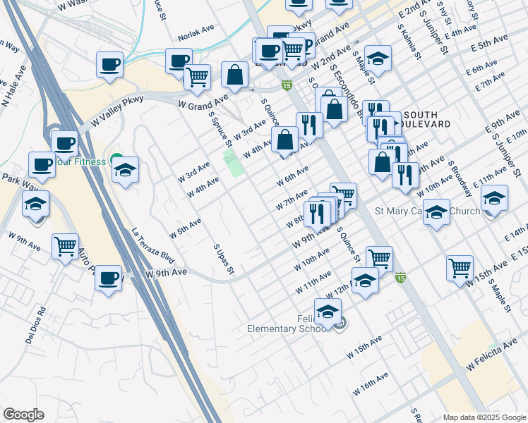map of restaurants, bars, coffee shops, grocery stores, and more near 741 South Spruce Street in Escondido