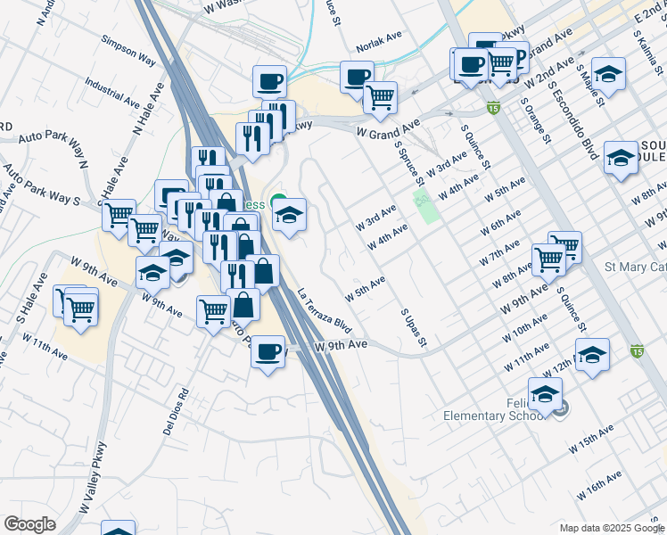 map of restaurants, bars, coffee shops, grocery stores, and more near 361 Howell Heights Drive in Escondido