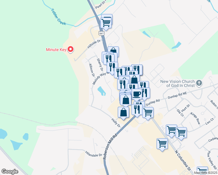 map of restaurants, bars, coffee shops, grocery stores, and more near 2541 Melody Way Northwest in Milledgeville