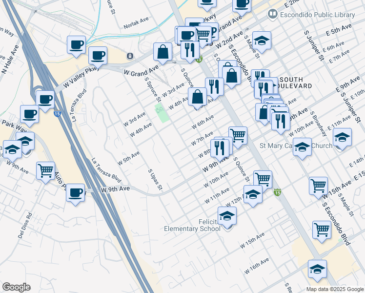 map of restaurants, bars, coffee shops, grocery stores, and more near 804 West 7th Avenue in Escondido