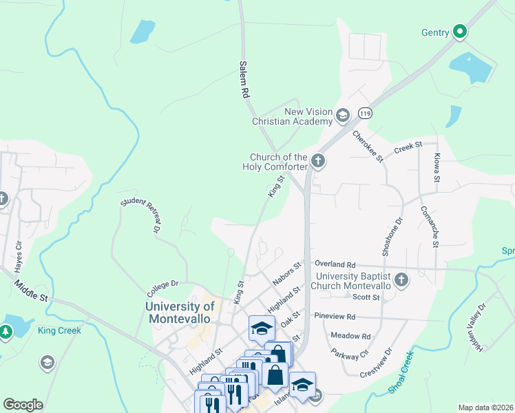 map of restaurants, bars, coffee shops, grocery stores, and more near 1451 King Street in Montevallo