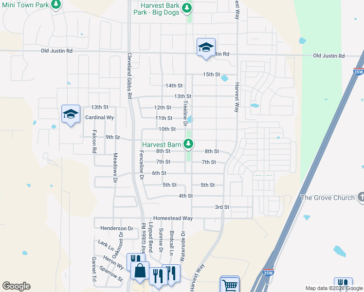 map of restaurants, bars, coffee shops, grocery stores, and more near 811 Treeline Drive in Argyle