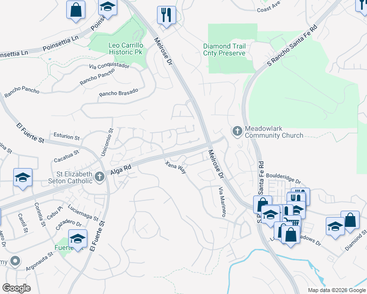 map of restaurants, bars, coffee shops, grocery stores, and more near 3139 Avenida Olmeda in Carlsbad
