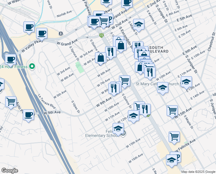 map of restaurants, bars, coffee shops, grocery stores, and more near 721 West 8th Avenue in Escondido