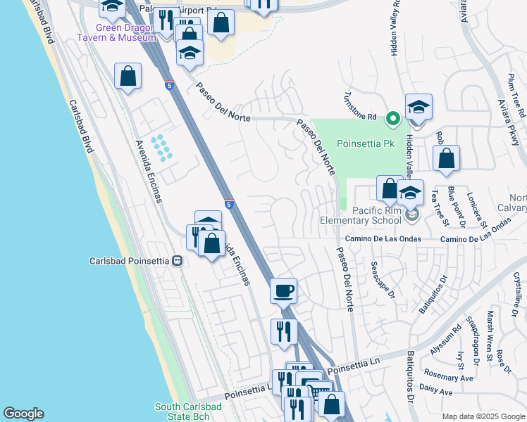 map of restaurants, bars, coffee shops, grocery stores, and more near Caminito Rosa in Carlsbad