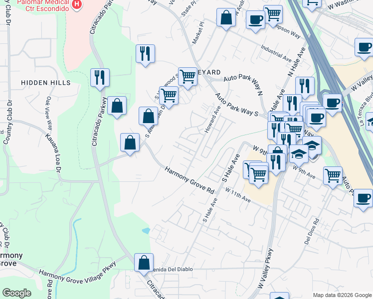 map of restaurants, bars, coffee shops, grocery stores, and more near 1007 Howard Avenue in Escondido
