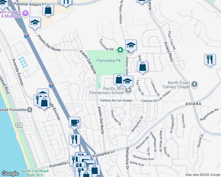 map of restaurants, bars, coffee shops, grocery stores, and more near 1024 Lighthouse Road in Carlsbad