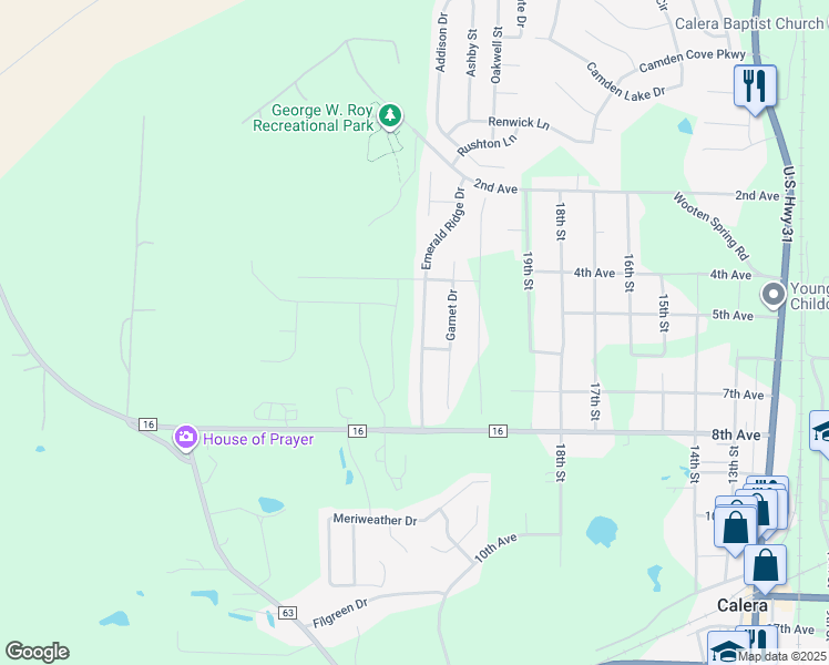 map of restaurants, bars, coffee shops, grocery stores, and more near 1110 Emerald Ridge Drive in Calera