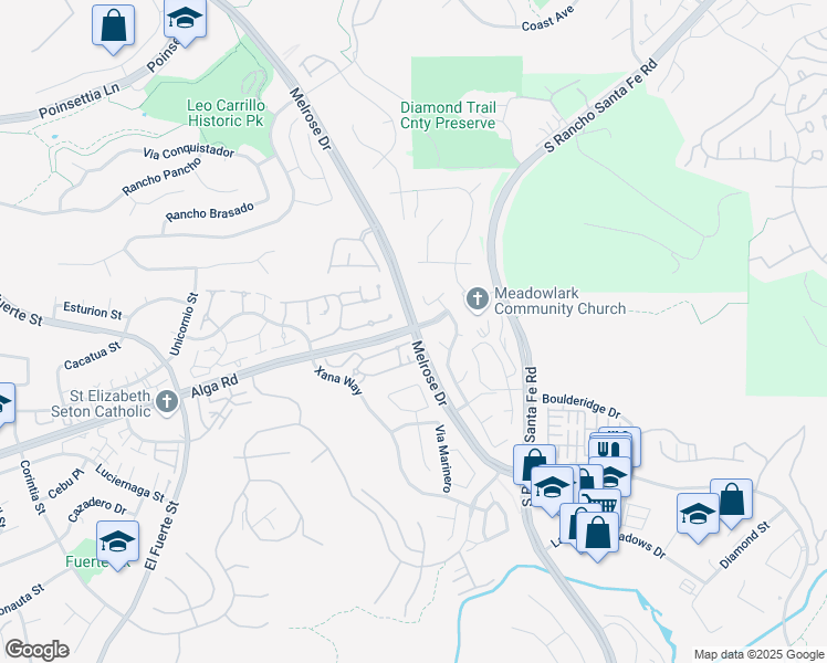 map of restaurants, bars, coffee shops, grocery stores, and more near Melrose Dr & Alga Rd in Carlsbad