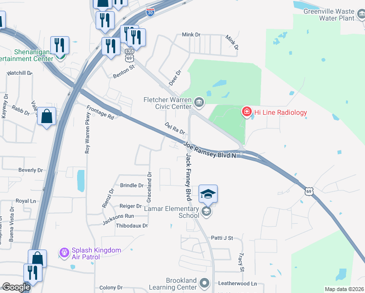 map of restaurants, bars, coffee shops, grocery stores, and more near 711 Joe Ramsey Boulevard North in Greenville