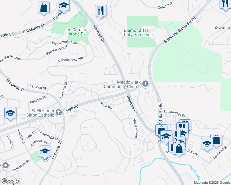 map of restaurants, bars, coffee shops, grocery stores, and more near 3149 Avenida Olmeda in Carlsbad