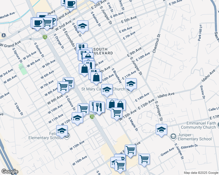 map of restaurants, bars, coffee shops, grocery stores, and more near 1034 South Maple Street in Escondido