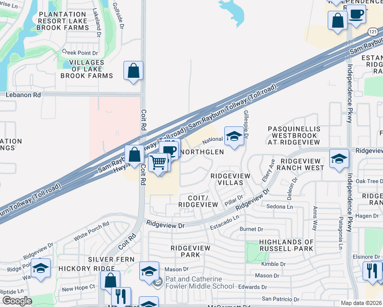 map of restaurants, bars, coffee shops, grocery stores, and more near 3620 Texas 121 in Plano