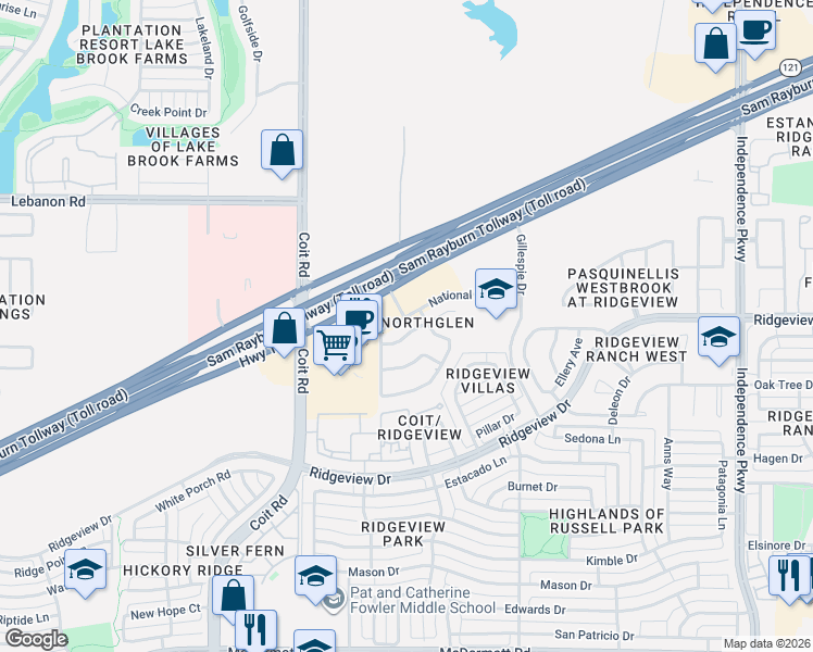 map of restaurants, bars, coffee shops, grocery stores, and more near 3620 Texas 121 in Plano