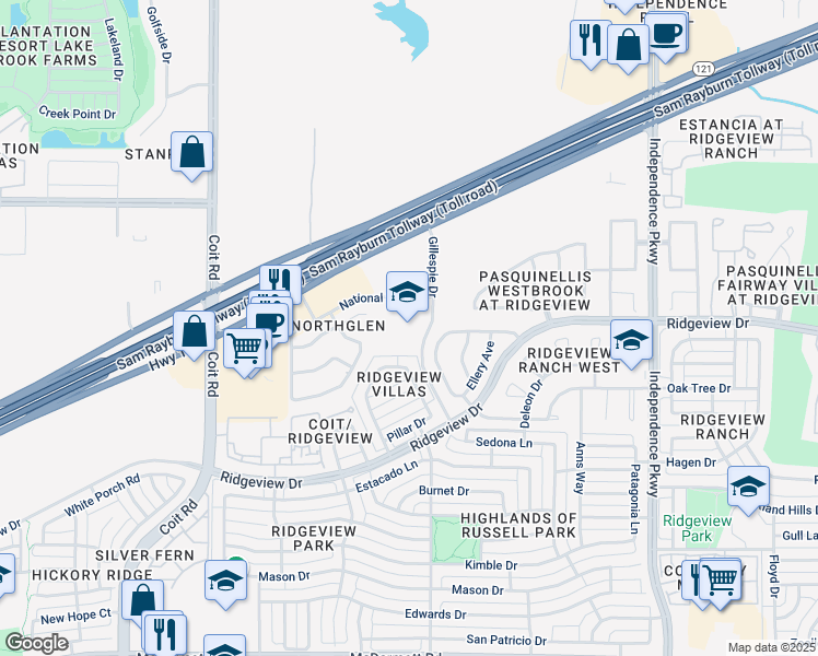 map of restaurants, bars, coffee shops, grocery stores, and more near 9865 Gillespie Drive in Plano