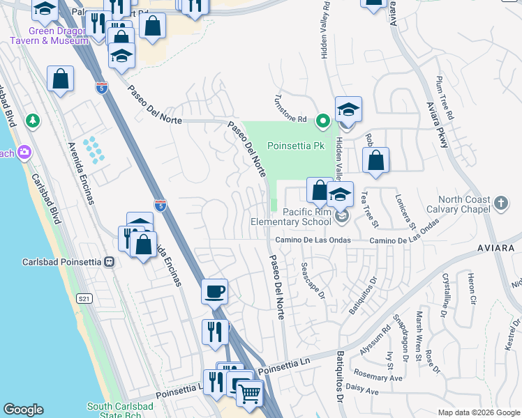 map of restaurants, bars, coffee shops, grocery stores, and more near 6711 Hyacinth Circle in Carlsbad