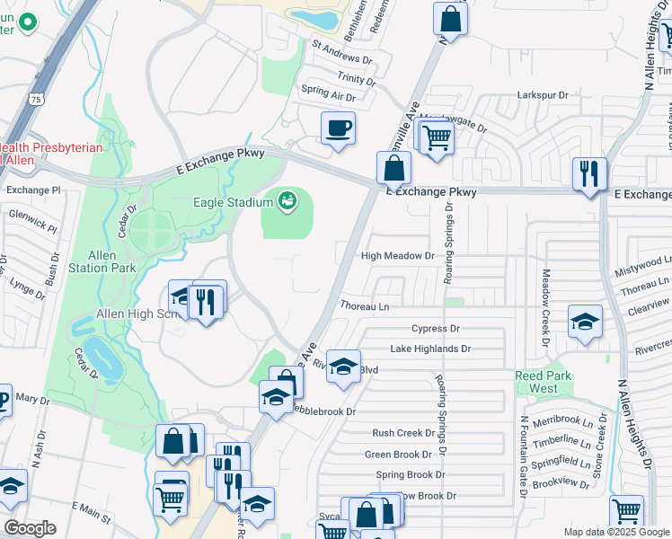 map of restaurants, bars, coffee shops, grocery stores, and more near 1001 Green Valley Lane in Allen