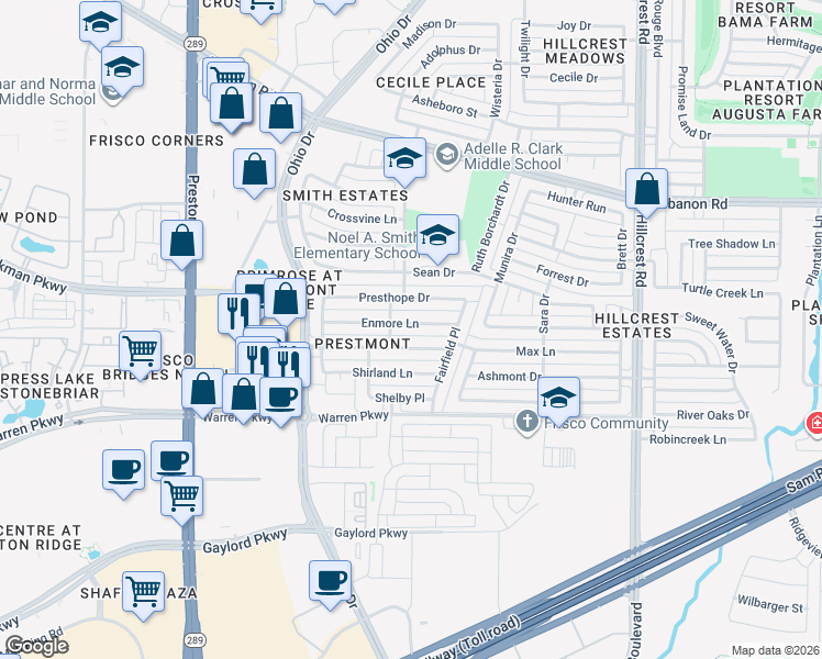 map of restaurants, bars, coffee shops, grocery stores, and more near 9800 Enmore Lane in Frisco