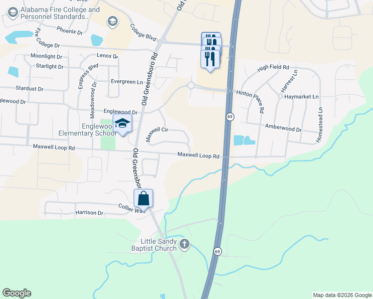 map of restaurants, bars, coffee shops, grocery stores, and more near 1509 Maxwell Circle in Tuscaloosa