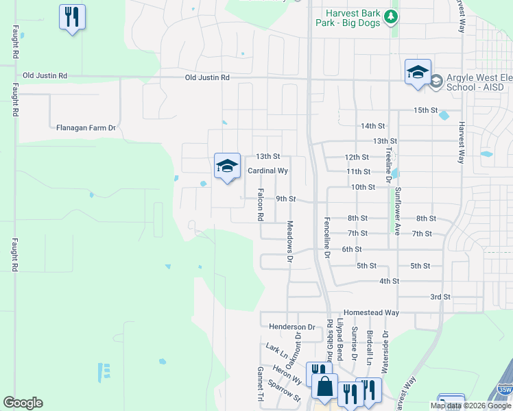 map of restaurants, bars, coffee shops, grocery stores, and more near 900 Hawks Way in Argyle