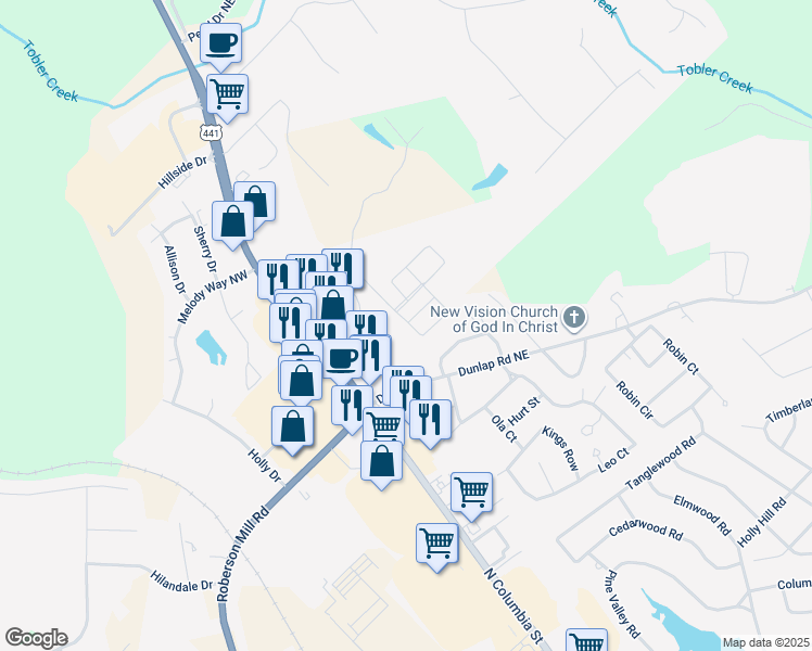 map of restaurants, bars, coffee shops, grocery stores, and more near 1010 Fernwood Drive in Milledgeville