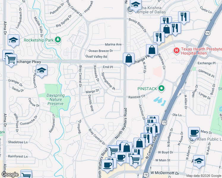 map of restaurants, bars, coffee shops, grocery stores, and more near 939 Cottontop Trail in Allen