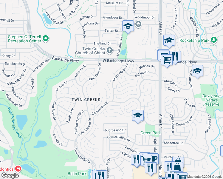 map of restaurants, bars, coffee shops, grocery stores, and more near 918 Cross Plains Drive in Allen
