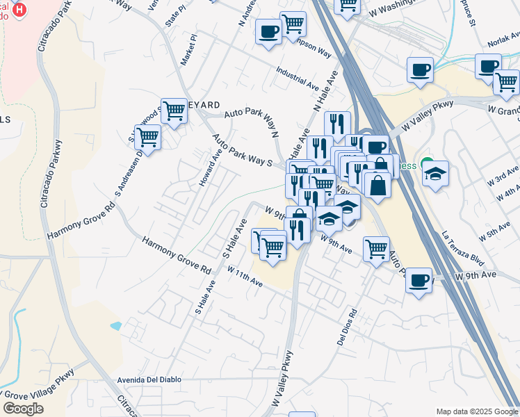 map of restaurants, bars, coffee shops, grocery stores, and more near 1725 West 9th Avenue in Escondido