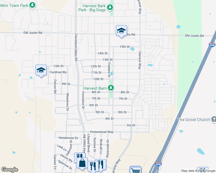 map of restaurants, bars, coffee shops, grocery stores, and more near 801 Treeline Drive in Argyle