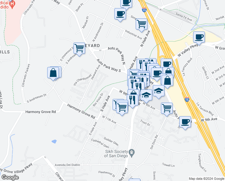map of restaurants, bars, coffee shops, grocery stores, and more near 906 South Hale Avenue in Escondido
