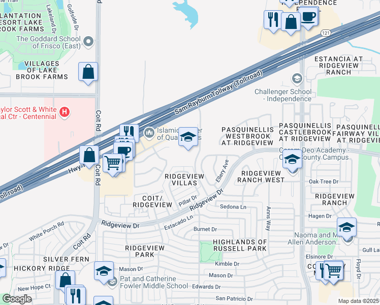 map of restaurants, bars, coffee shops, grocery stores, and more near 9865 Gillespie Drive in Plano