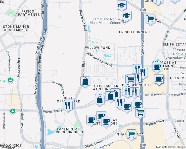 map of restaurants, bars, coffee shops, grocery stores, and more near 4152 Kearsage Drive in Frisco